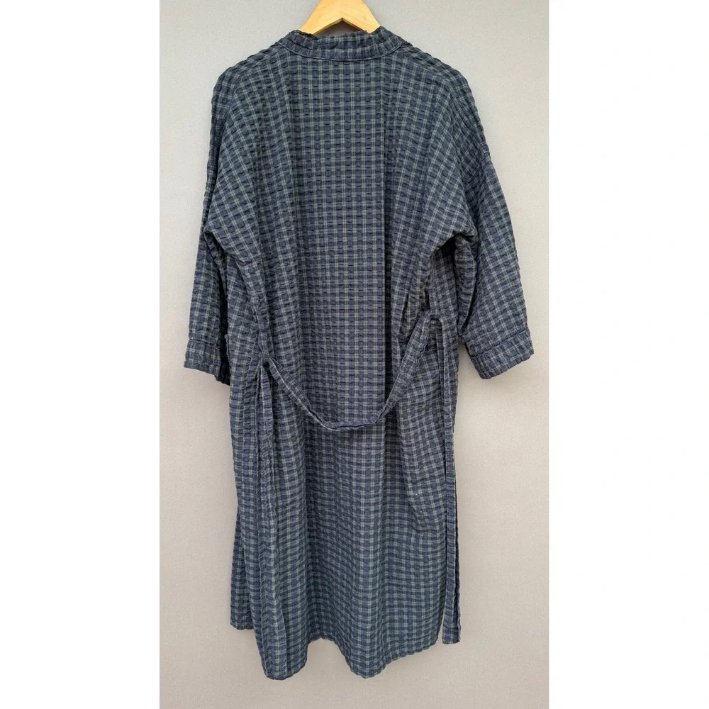 Bill Blass Black Label Men Robe Blue Green Plaid Seersucker Cotton Lounge Wrap